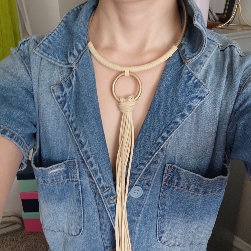 Gold Choker w/Leather Tassels Necklace